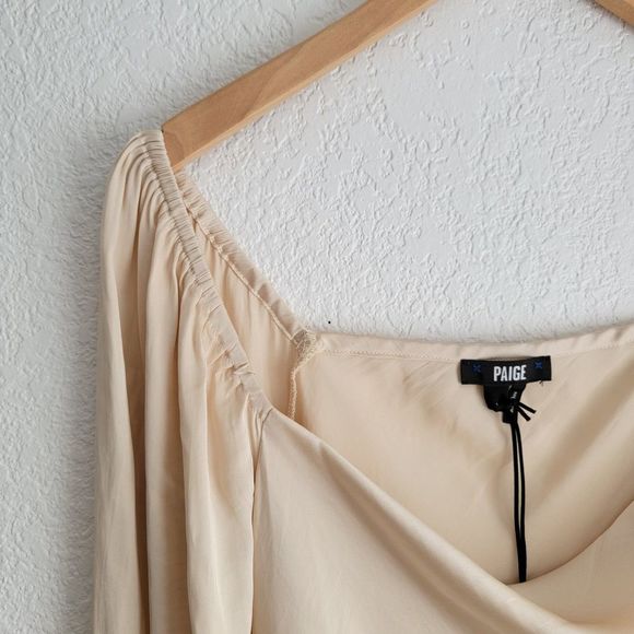 Paige Andreya Bodysuit Satin Ecru Long Sleeve Cowl Neck Snap Bottom Blouse - Picture 7 of 7